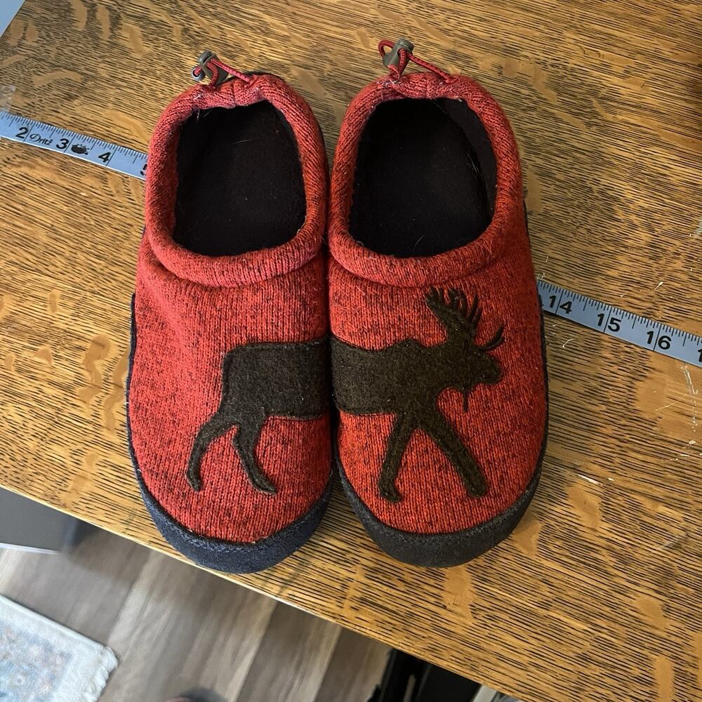 LL Bean Kids' Sweater Fleece Slippers 3-4 Moose Motif Red Black Cozy Cute Warm